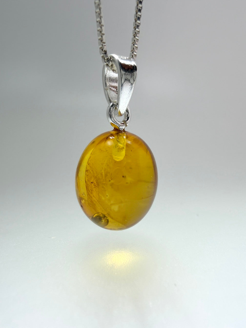 Fossil Inclusion Genuine Baltic Amber & Sterling Silver Oval Drop Pendant 