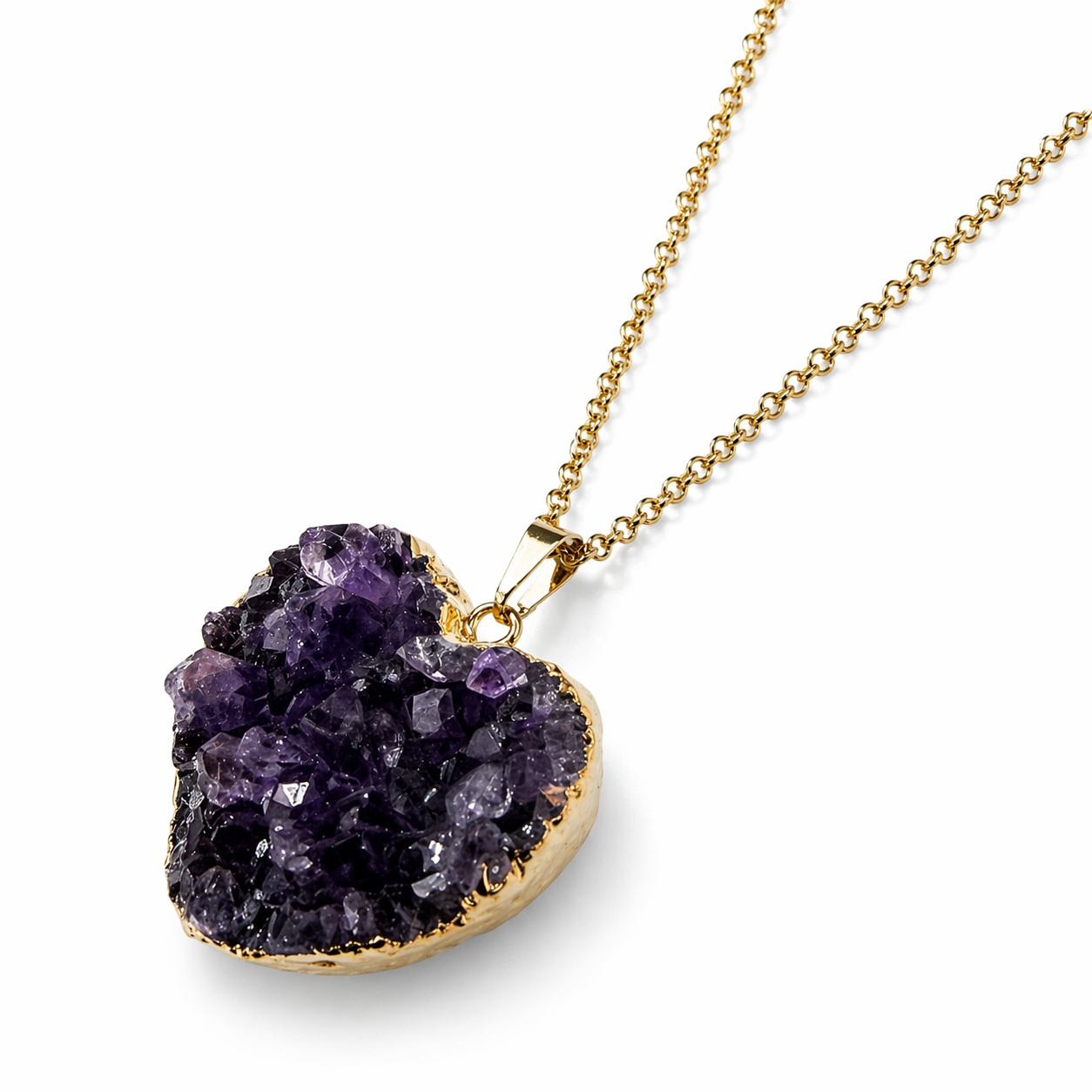 Genuine Amethyst Heart Pendant Necklace, Gold Plated Chain, Purple Druzy Crystal Heart, Handmade in Brazil, Natural Amethyst Jewelry Gift