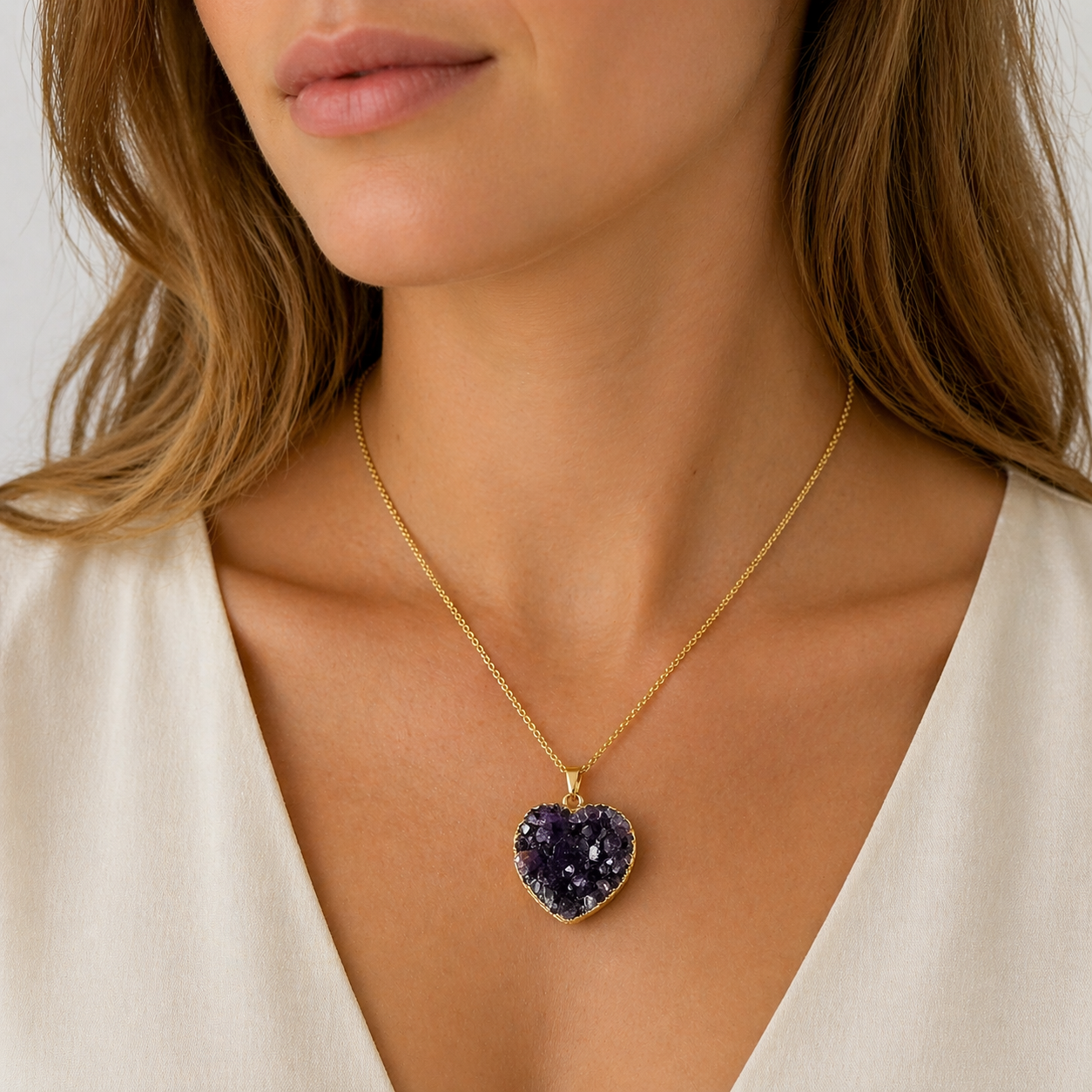 Genuine Amethyst Heart Pendant Necklace, Gold Plated Chain, Purple Druzy Crystal Heart, Handmade in Brazil, Natural Amethyst Jewelry Gift