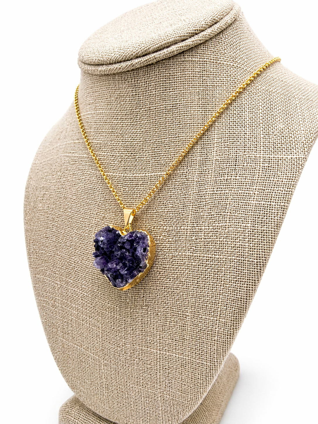 Genuine Amethyst Heart Pendant Necklace, Gold Plated Chain, Purple Druzy Crystal Heart, Handmade in Brazil, Natural Amethyst Jewelry Gift