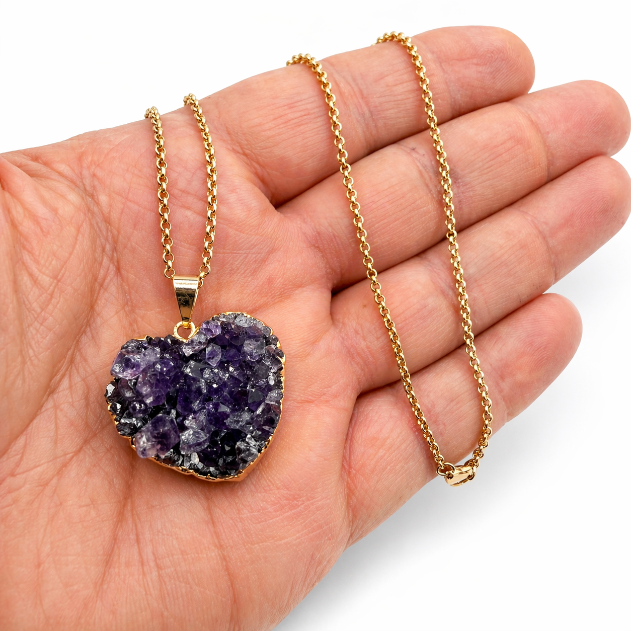 Genuine Amethyst Heart Pendant Necklace, Gold Plated Chain, Purple Druzy Crystal Heart, Handmade in Brazil, Natural Amethyst Jewelry Gift