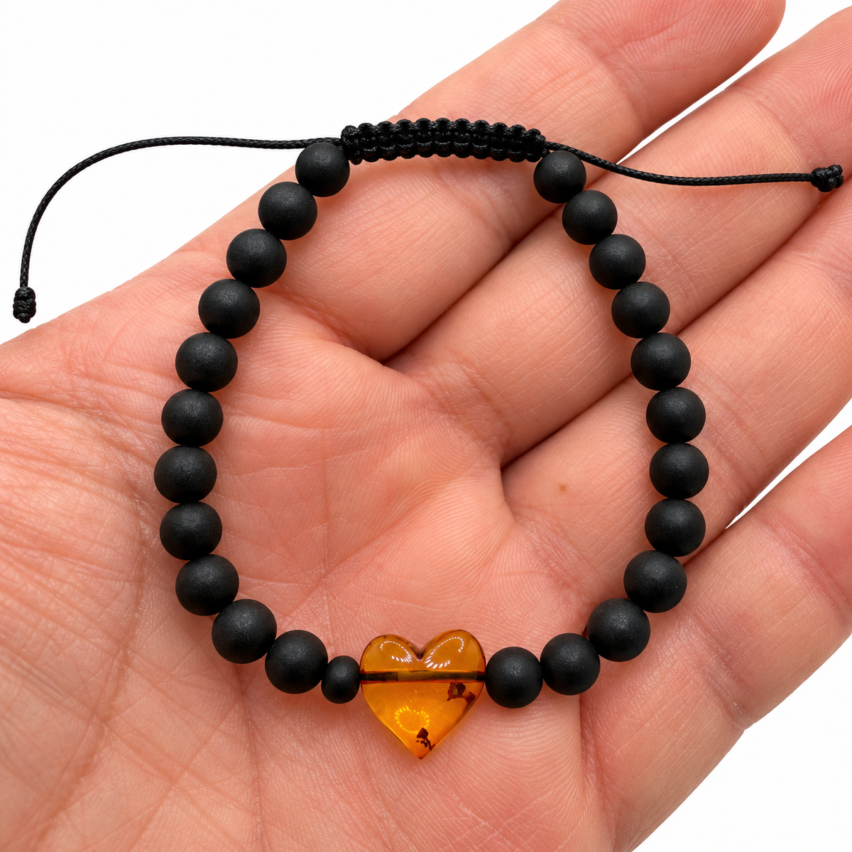 Genuine Baltic Amber Heart Bracelet – Cognac Amber & Black Amber 