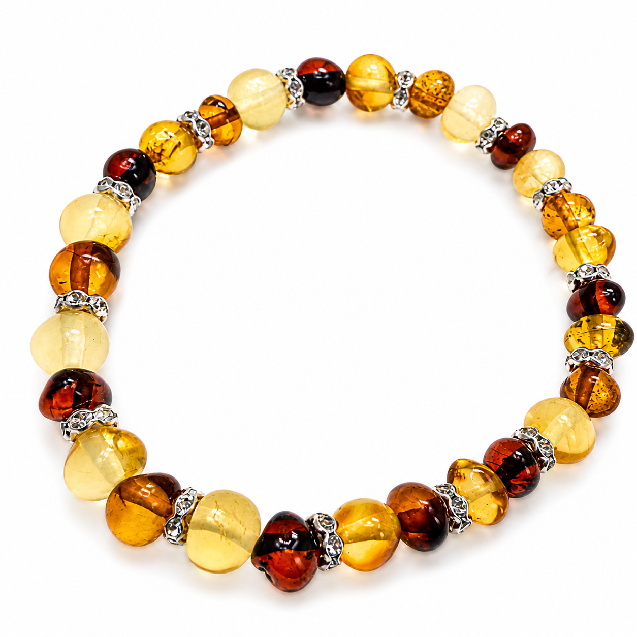 Genuine Baltic Amber Baroque Stretch Bracelet with CZ Spacers – Multicolor Lemon, Honey & Cherry | Lightweight Everyday Jewelry | Stackable Style