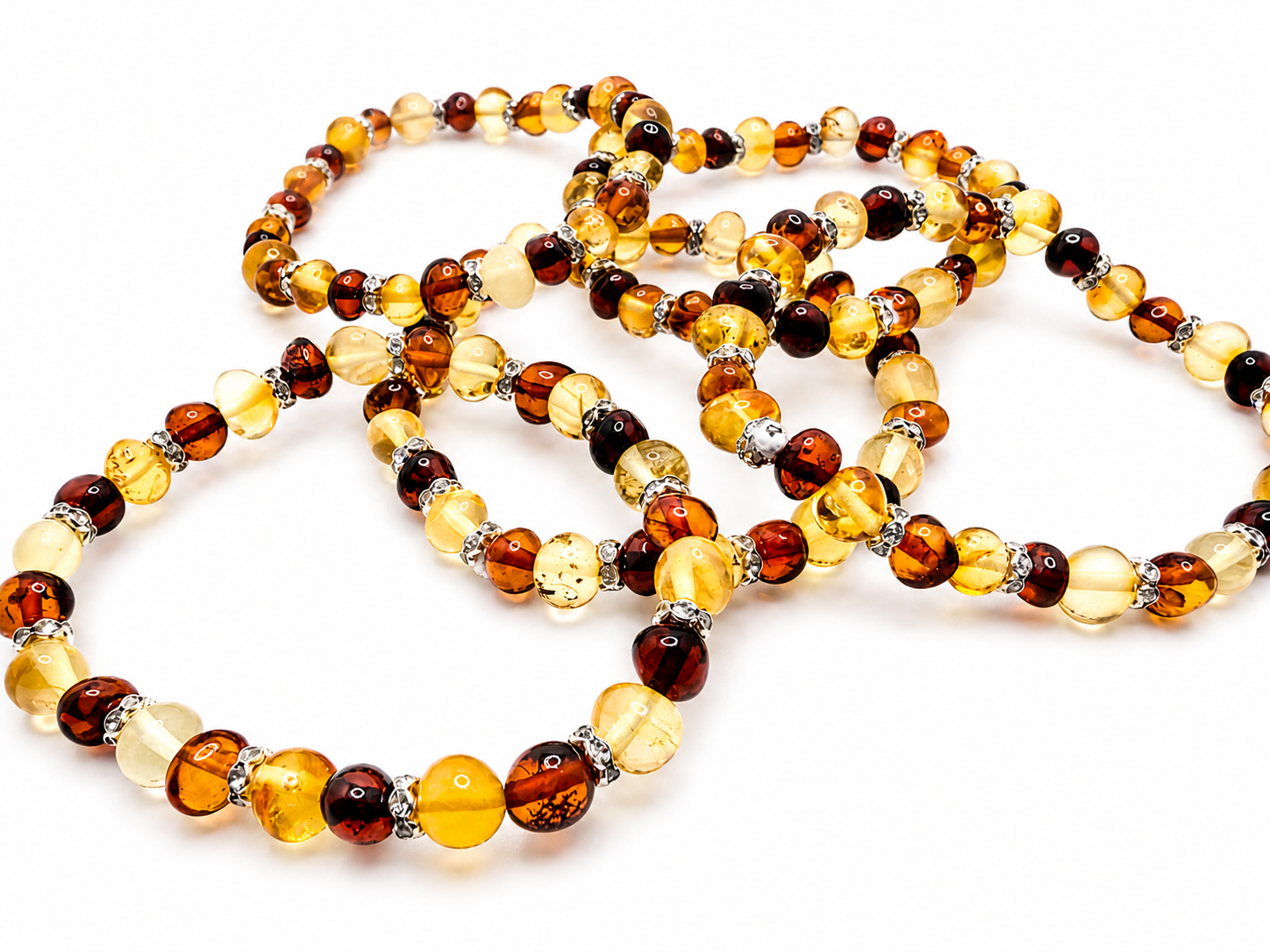 Genuine Baltic Amber Baroque Stretch Bracelet with CZ Spacers – Multicolor Lemon, Honey & Cherry | Lightweight Everyday Jewelry | Stackable Style
