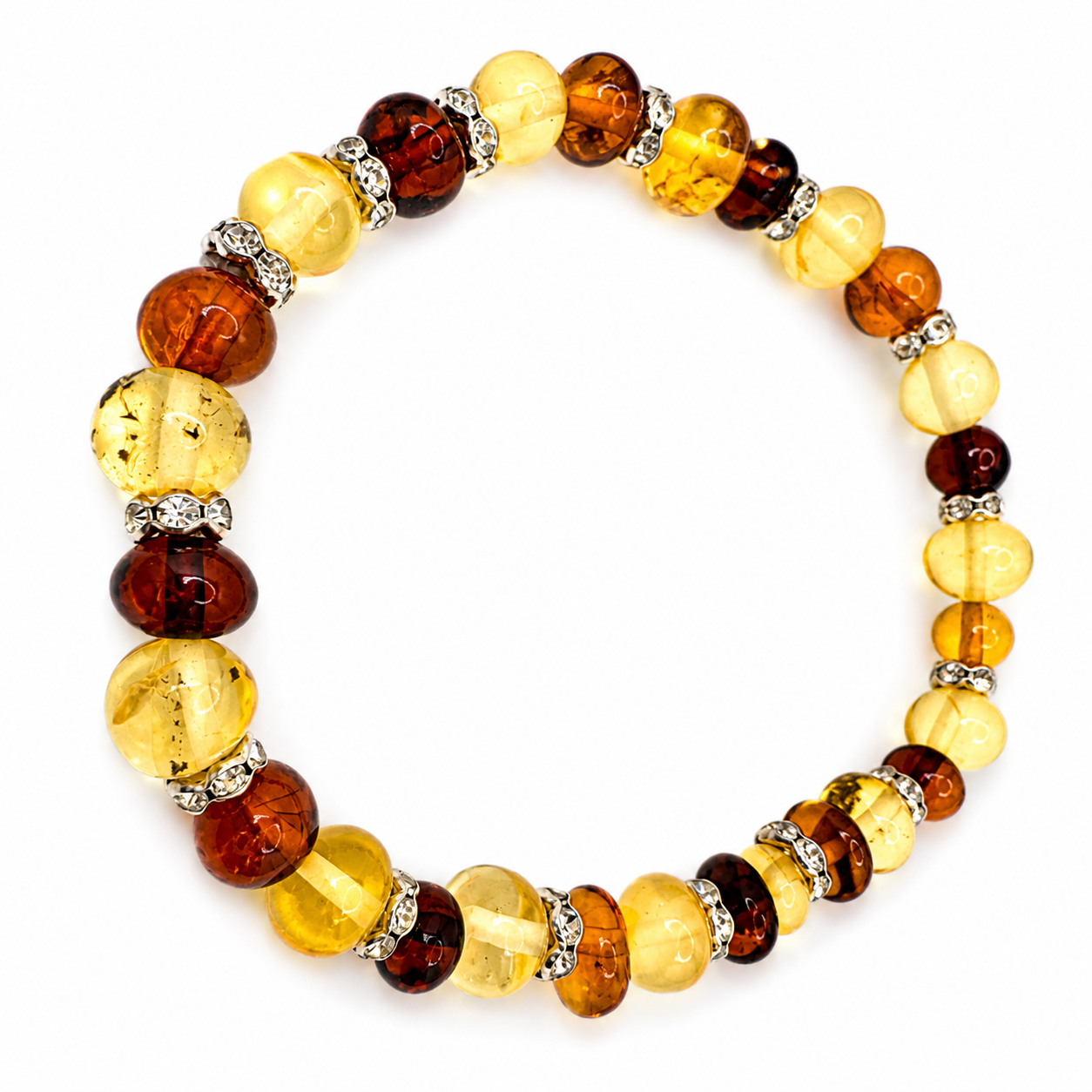 Genuine Baltic Amber Baroque Stretch Bracelet with CZ Spacers – Multicolor Lemon, Honey & Cherry | Lightweight Everyday Jewelry | Stackable Style