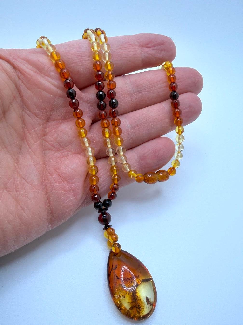Genuine Baltic Amber Bead Necklace with Teardrop Pendant - Ombre Rainbow Amber, Long Statement Necklace