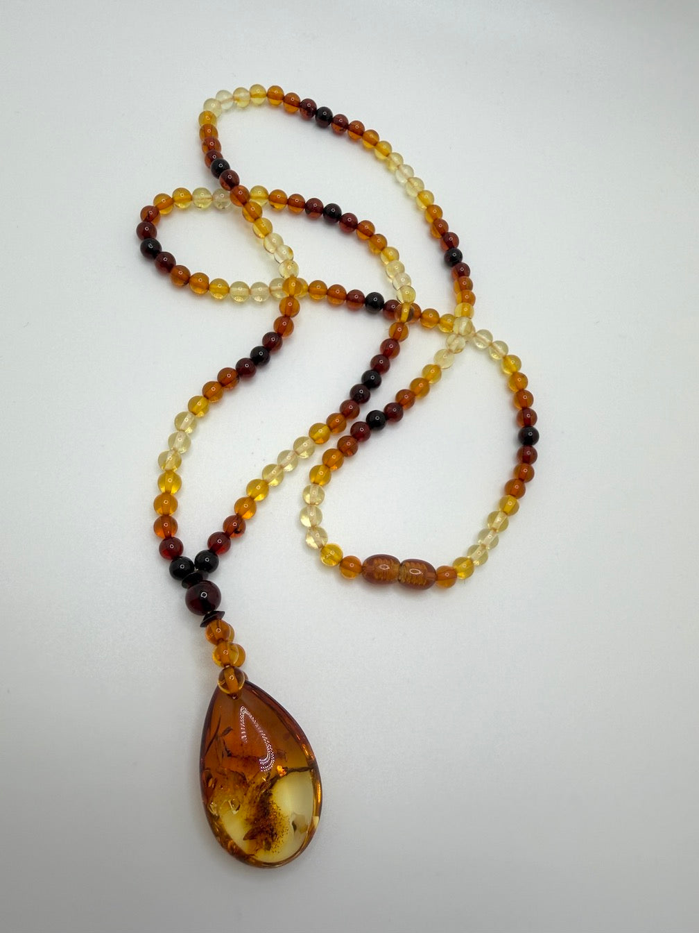 Genuine Baltic Amber Bead Necklace with Teardrop Pendant - Ombre Rainbow Amber, Long Statement Necklace