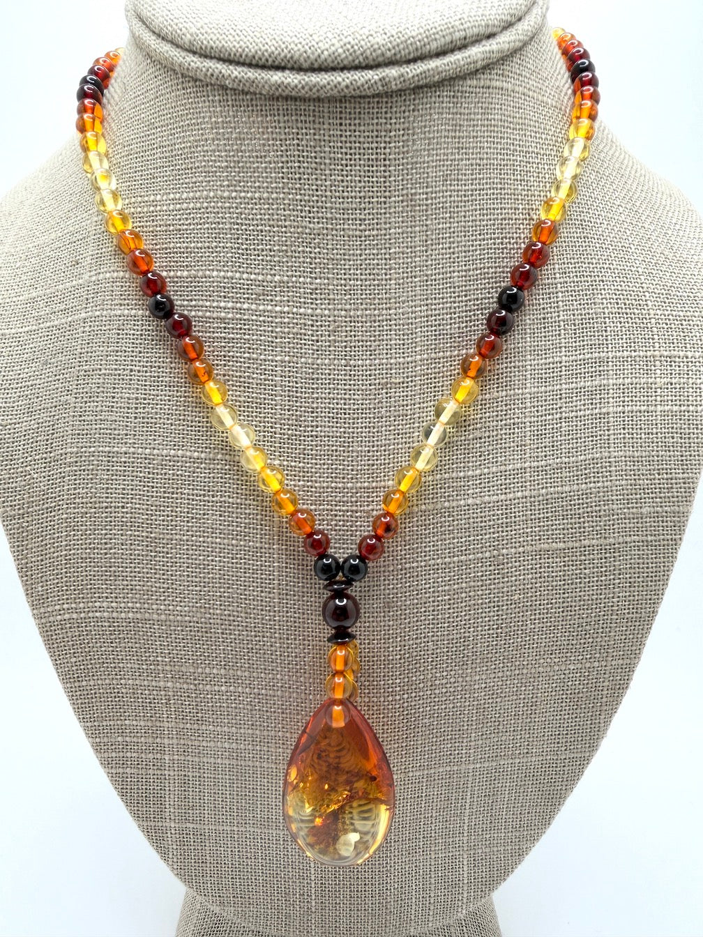 Genuine Baltic Amber Bead Necklace with Teardrop Pendant - Ombre Rainbow Amber, Long Statement Necklace