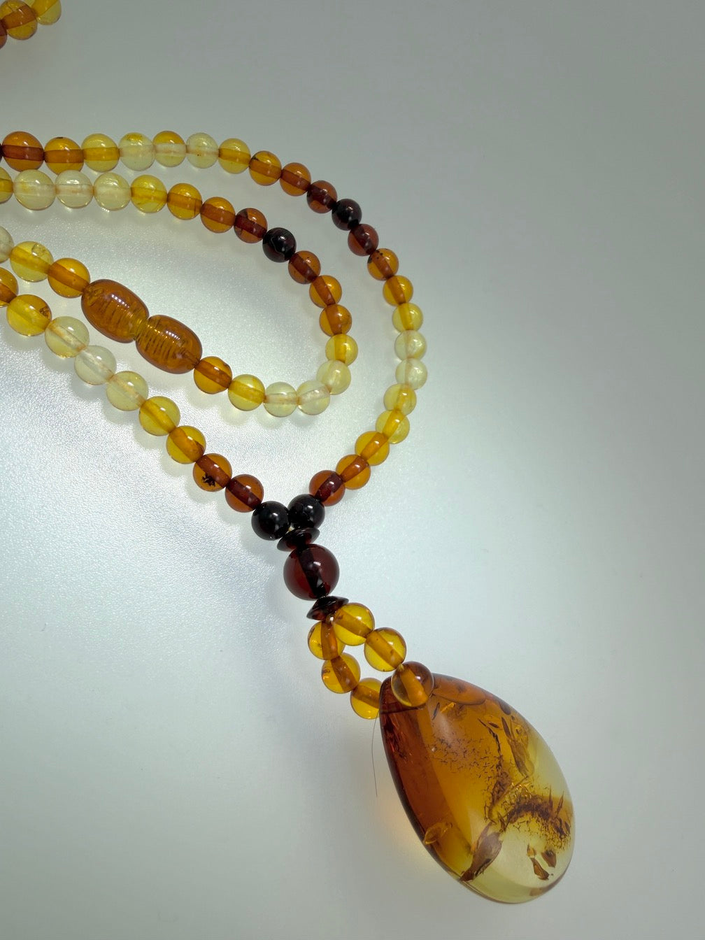 Genuine Baltic Amber Bead Necklace with Teardrop Pendant - Ombre Rainbow Amber, Long Statement Necklace