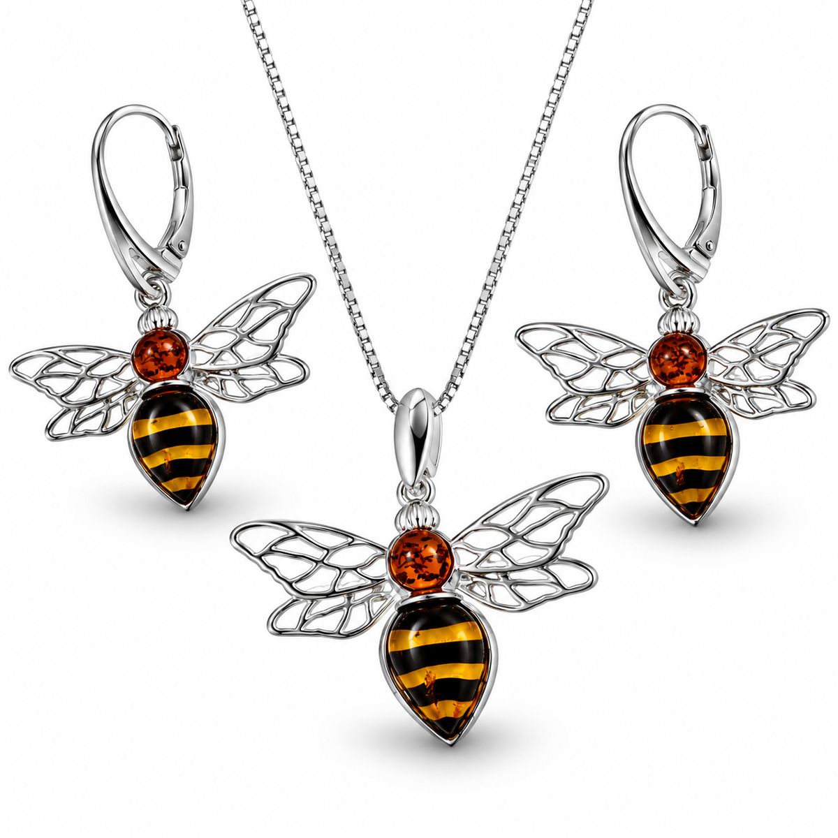 Genuine Baltic Amber Bumblebee Necklace & Earrings Set