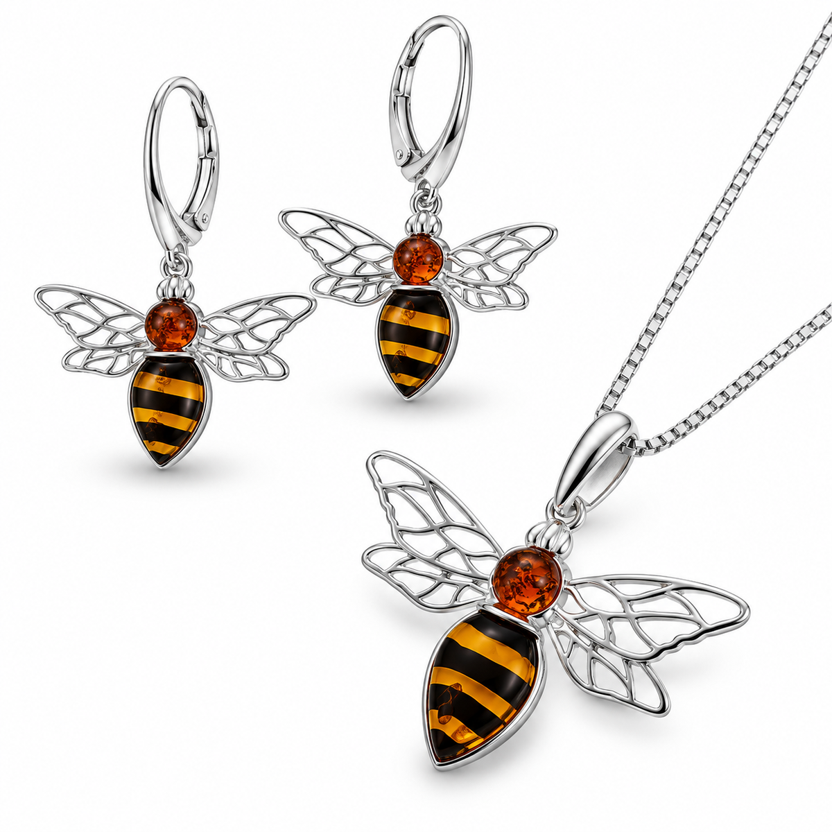 Genuine Baltic Amber Bumblebee Necklace & Earrings Set