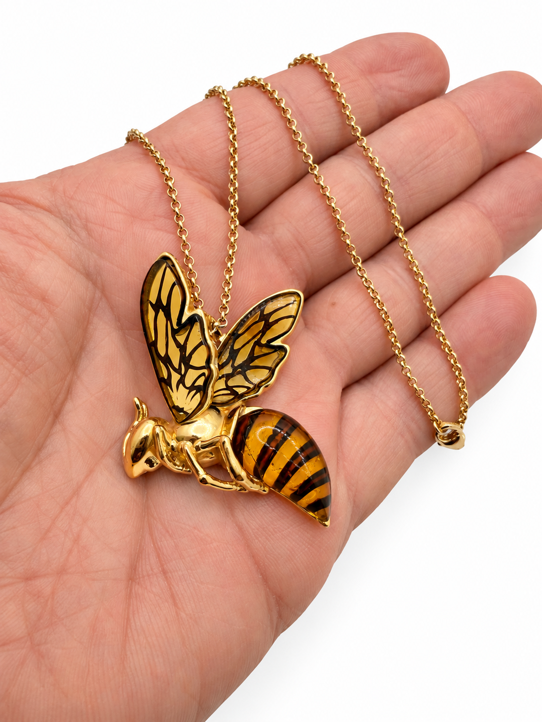 Genuine Baltic Amber Bumblebee Pendant Necklace, Gold Plated Brass Bee Necklace