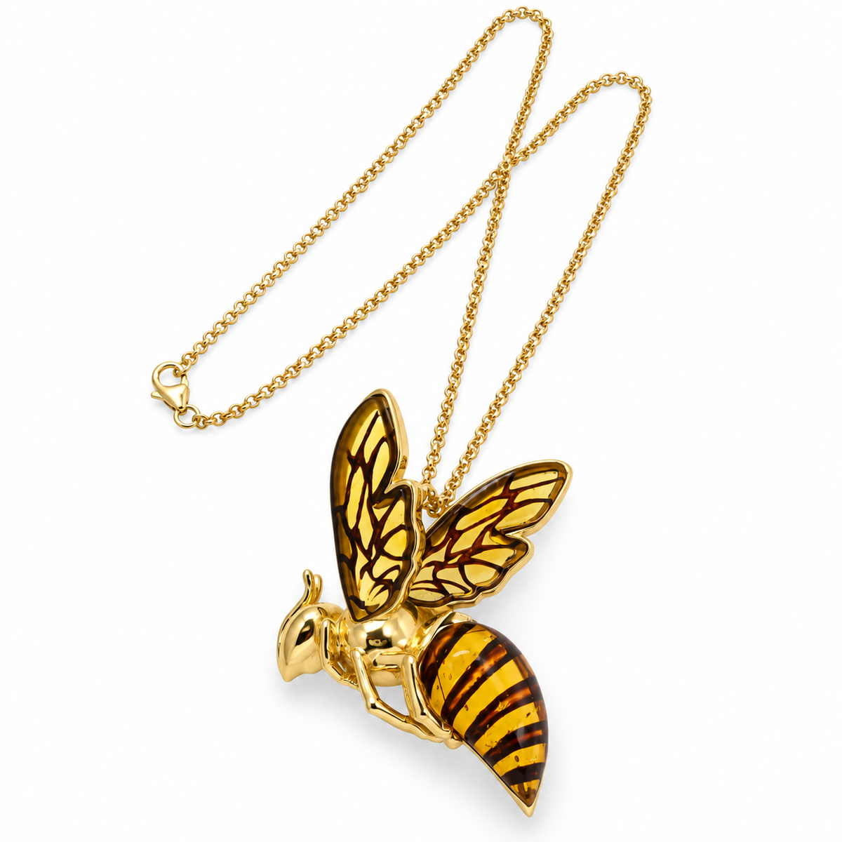 Genuine Baltic Amber Bumblebee Pendant Necklace, Gold Plated Brass Bee Necklace