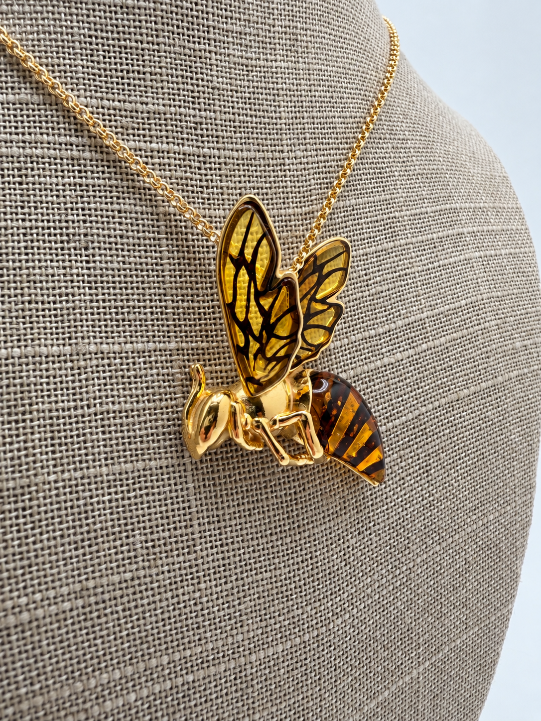 Genuine Baltic Amber Bumblebee Pendant Necklace, Gold Plated Brass Bee Necklace