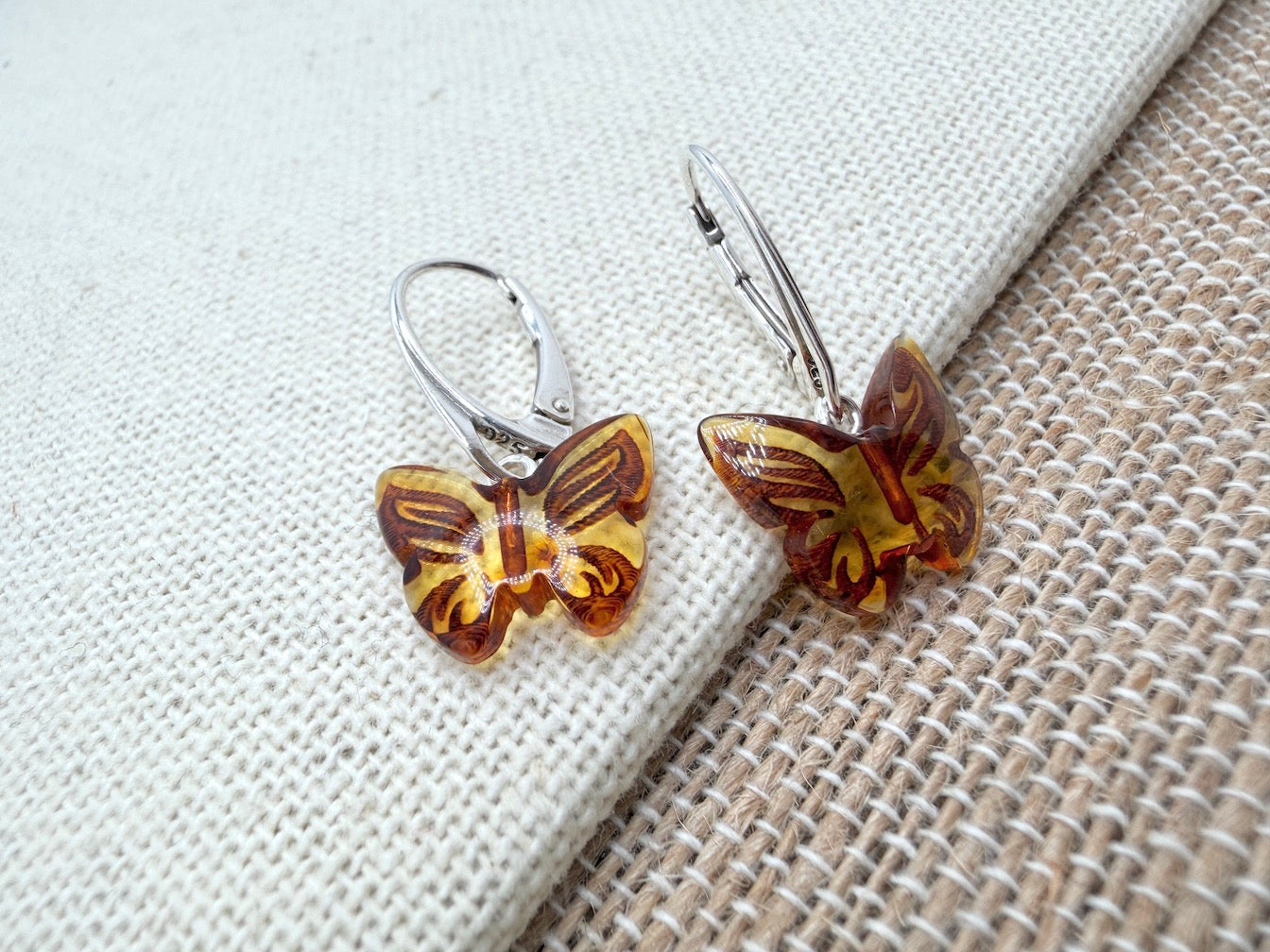 Handmade in Lithuania – Genuine Baltic Amber Butterfly Lever-Back Earrings