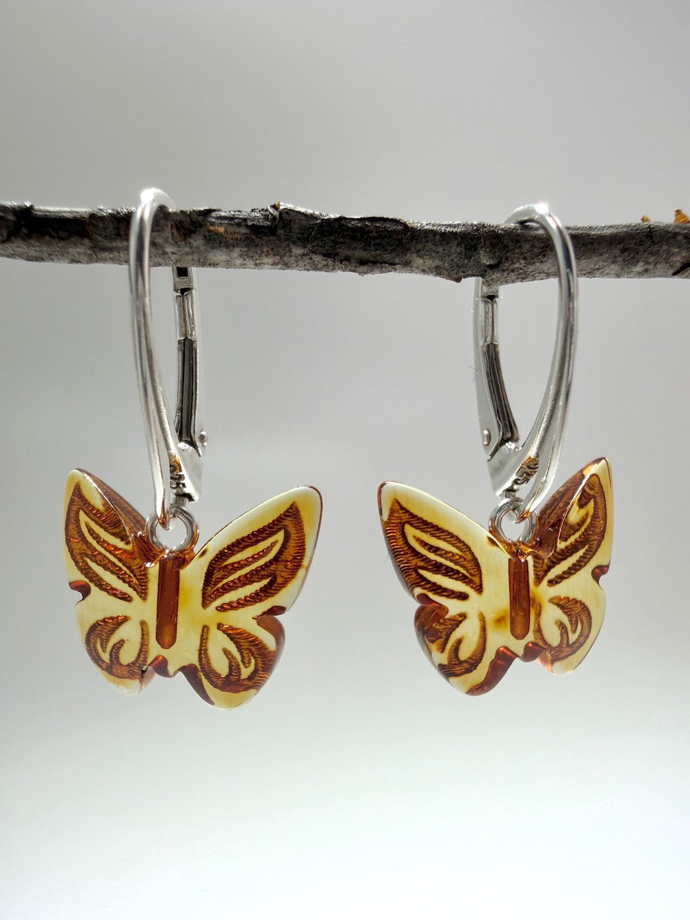 Handmade in Lithuania – Genuine Baltic Amber Butterfly Lever-Back Earrings