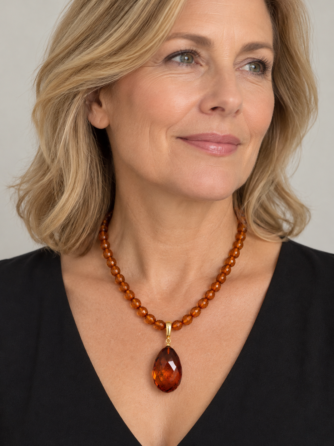 Genuine Baltic Amber Faceted Bead Necklace with Removable Teardrop Pendant 