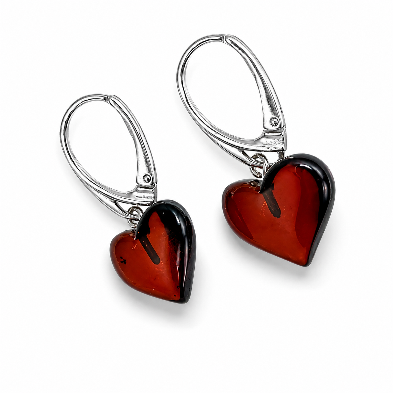 Cherry Baltic Amber Heart Leverback Earrings