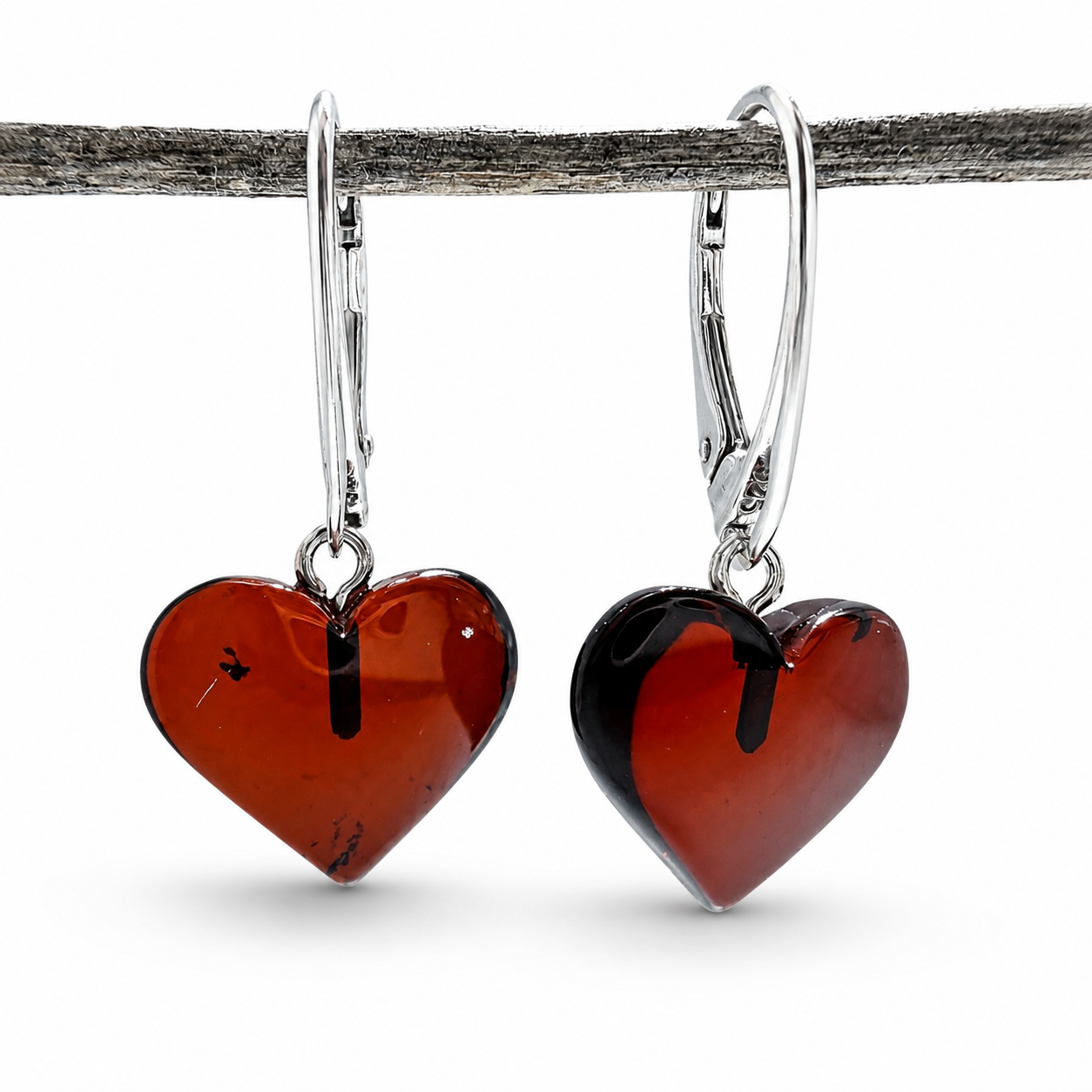 Cherry Baltic Amber Heart Leverback Earrings