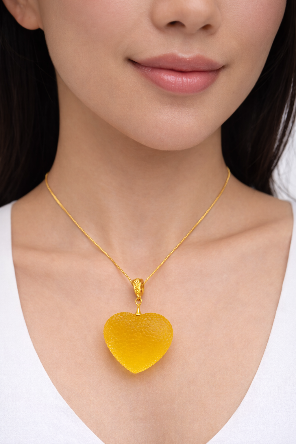 Genuine Baltic Amber Heart Necklace, Butterscotch Yellow Amber, Gold Plated Bead Chain, Matte Snake Skin Texture, Unique Statement Necklace, 19”