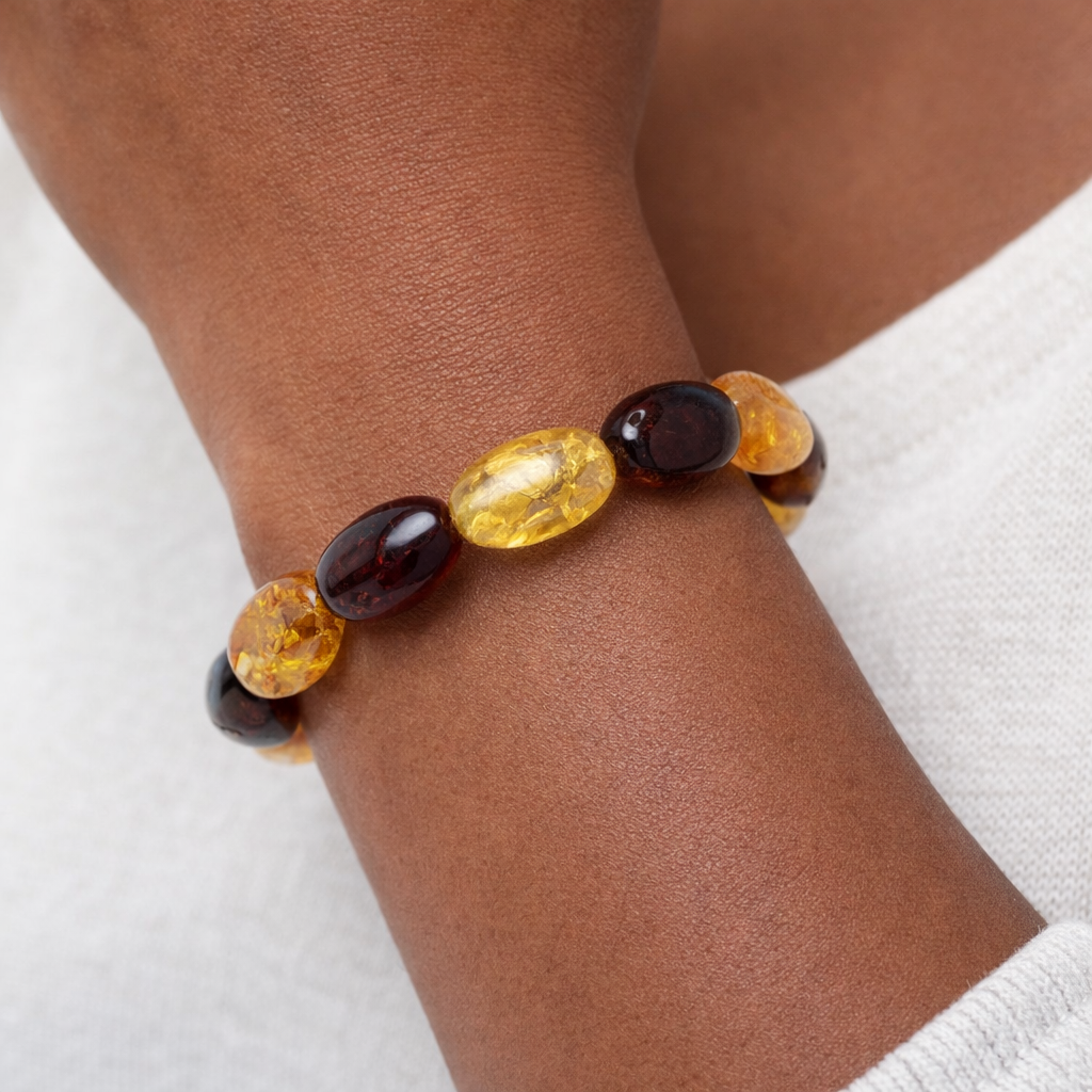 Baltic Amber Honey Chunk Stretch Bracelet – Natural Organic Amber, Therapeutic Jewelry, One of a Kind