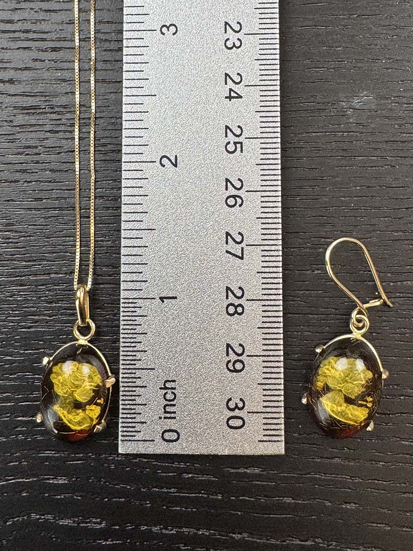 Genuine Baltic Amber Intaglio Cameo Pendant & Earrings Set - Honey Amber in 14K Gold