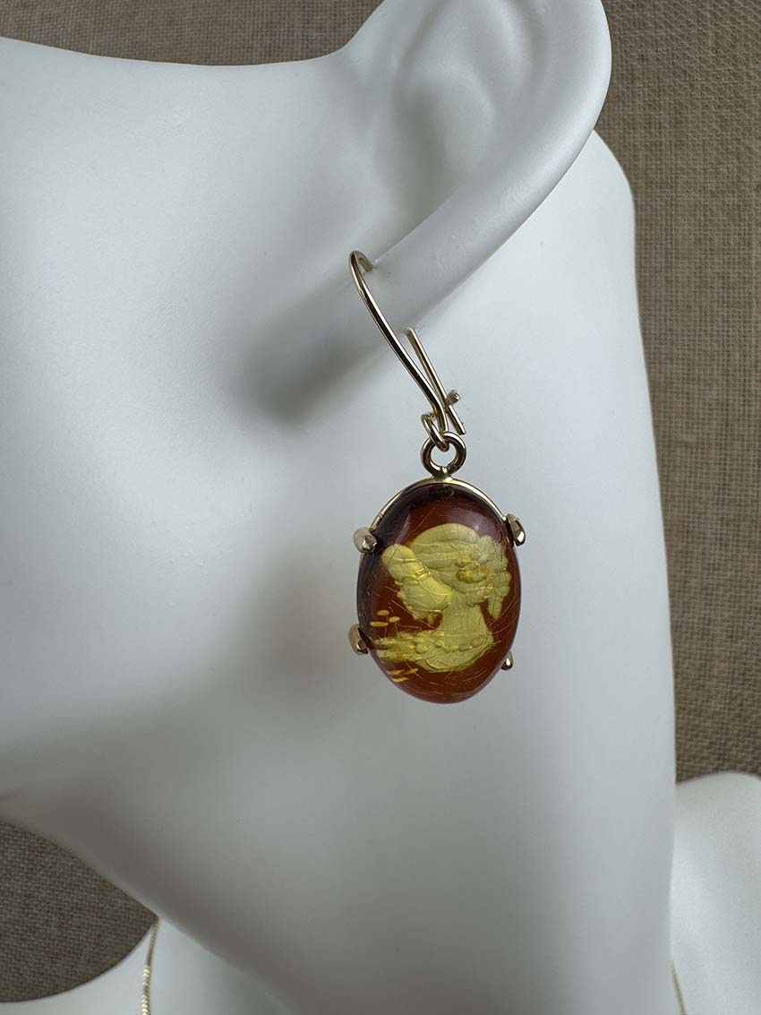 Genuine Baltic Amber Intaglio Cameo Pendant & Earrings Set - Honey Amber in 14K Gold