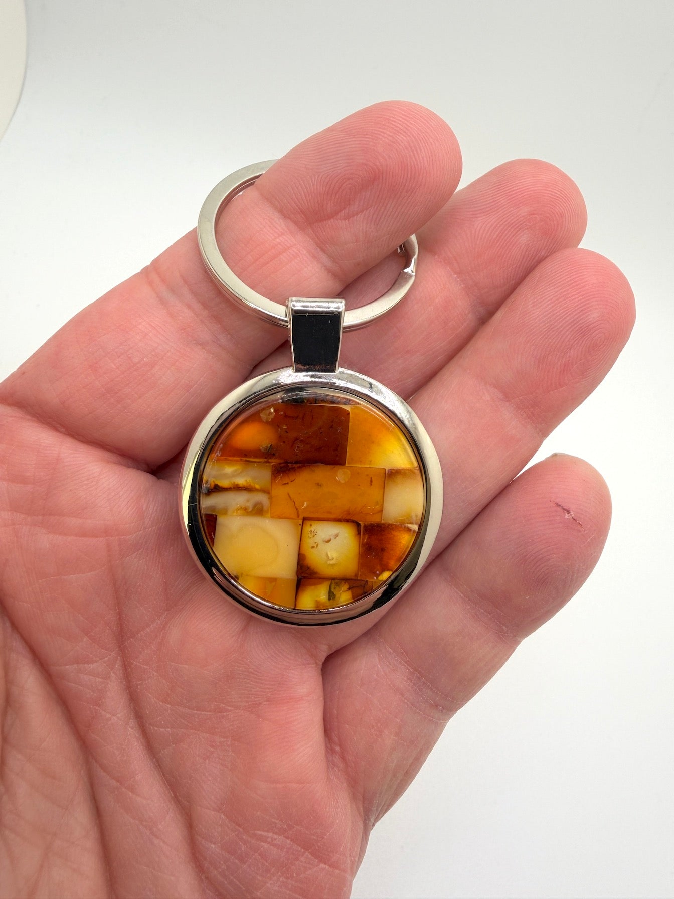 Genuine Baltic Amber Keychain – Mixed Color Amber Mosaic – Stainless Steel Key Ring