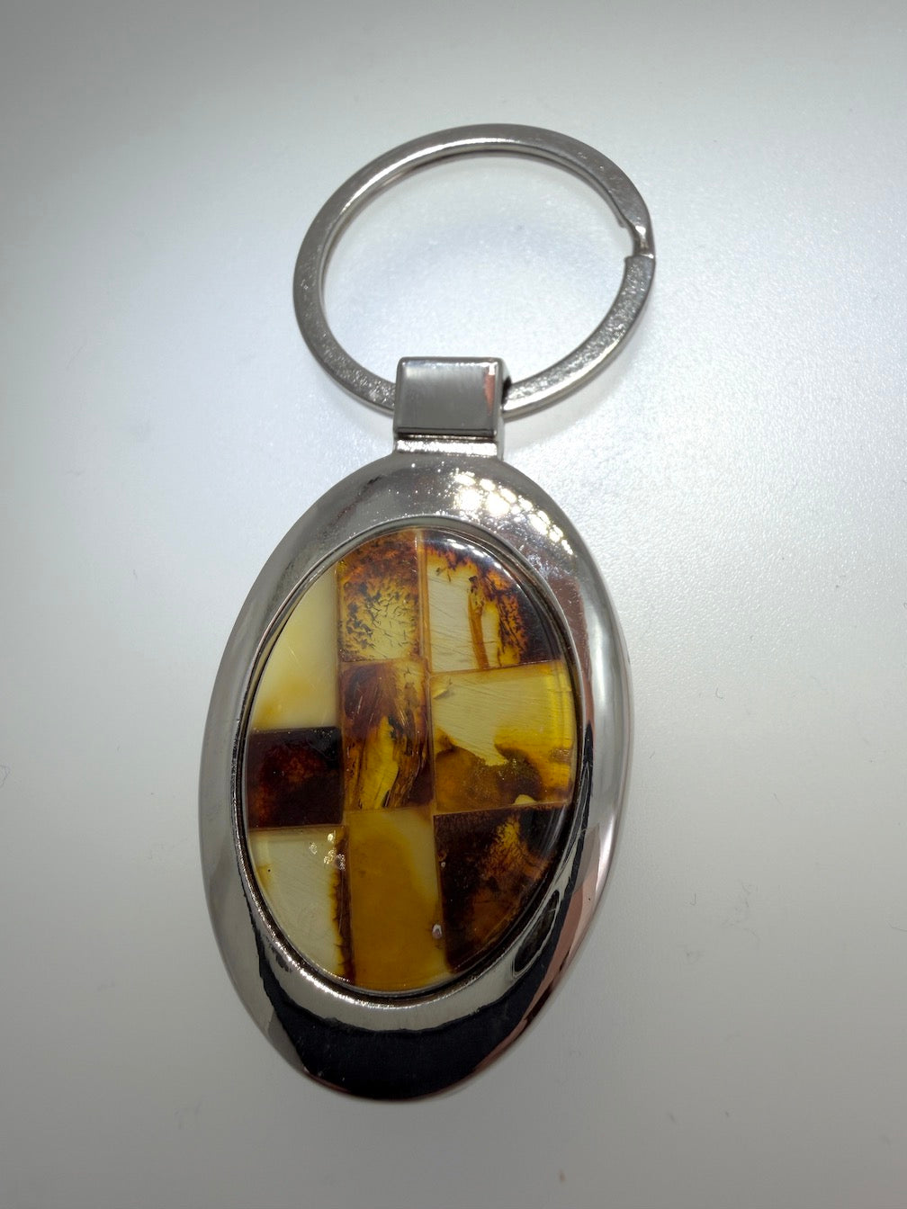 Genuine Baltic Amber Keychain – Mixed Color Amber Mosaic – Stainless Steel Key Ring