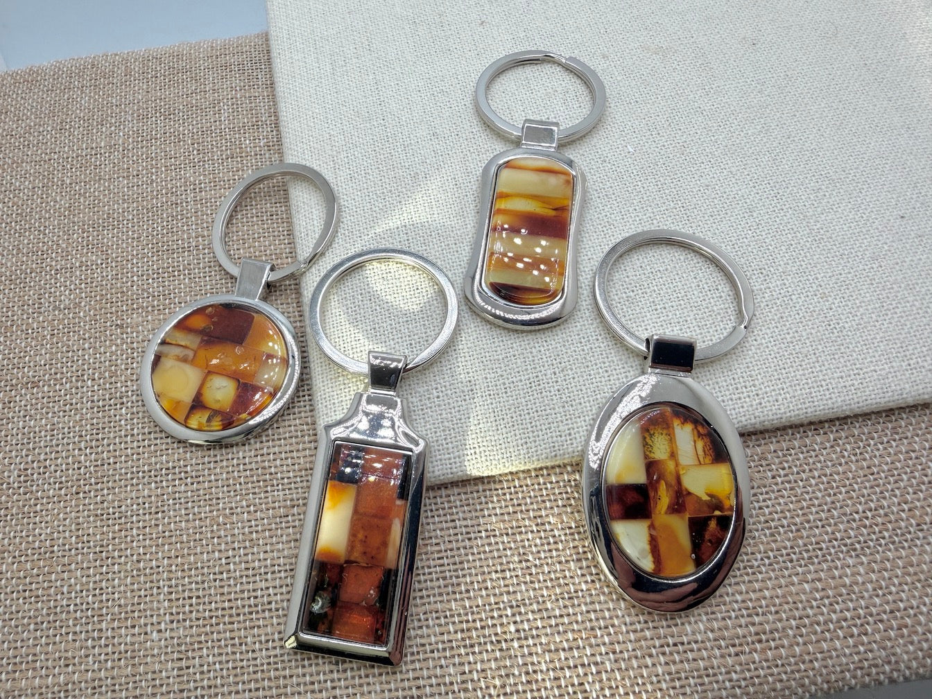 Genuine Baltic Amber Keychain – Mixed Color Amber Mosaic – Stainless Steel Key Ring