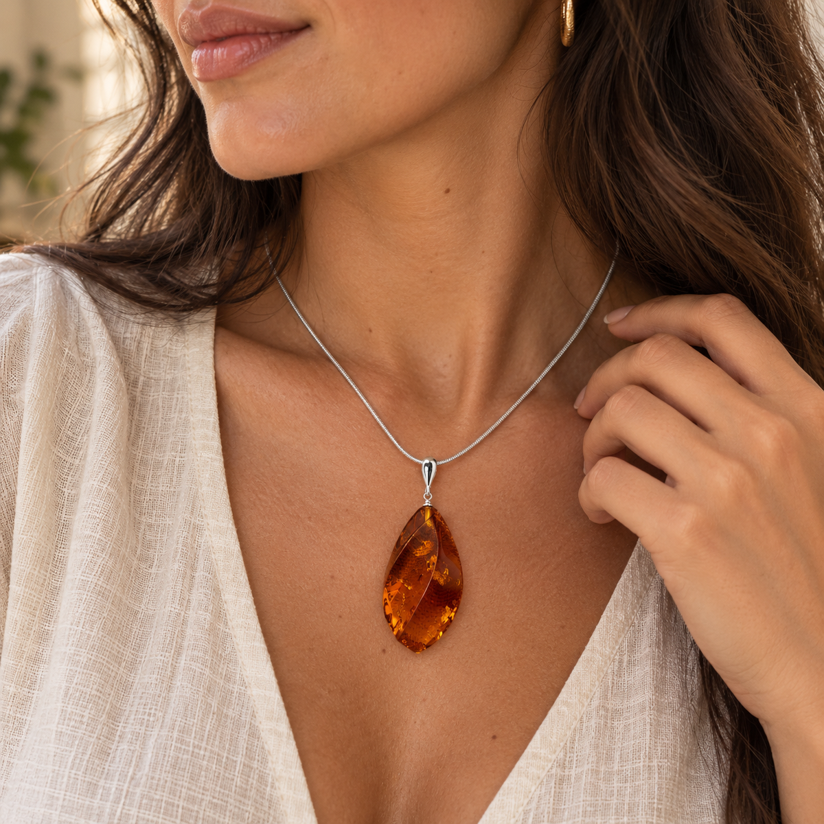 Genuine Baltic Amber Large Cognac Pendant Necklace