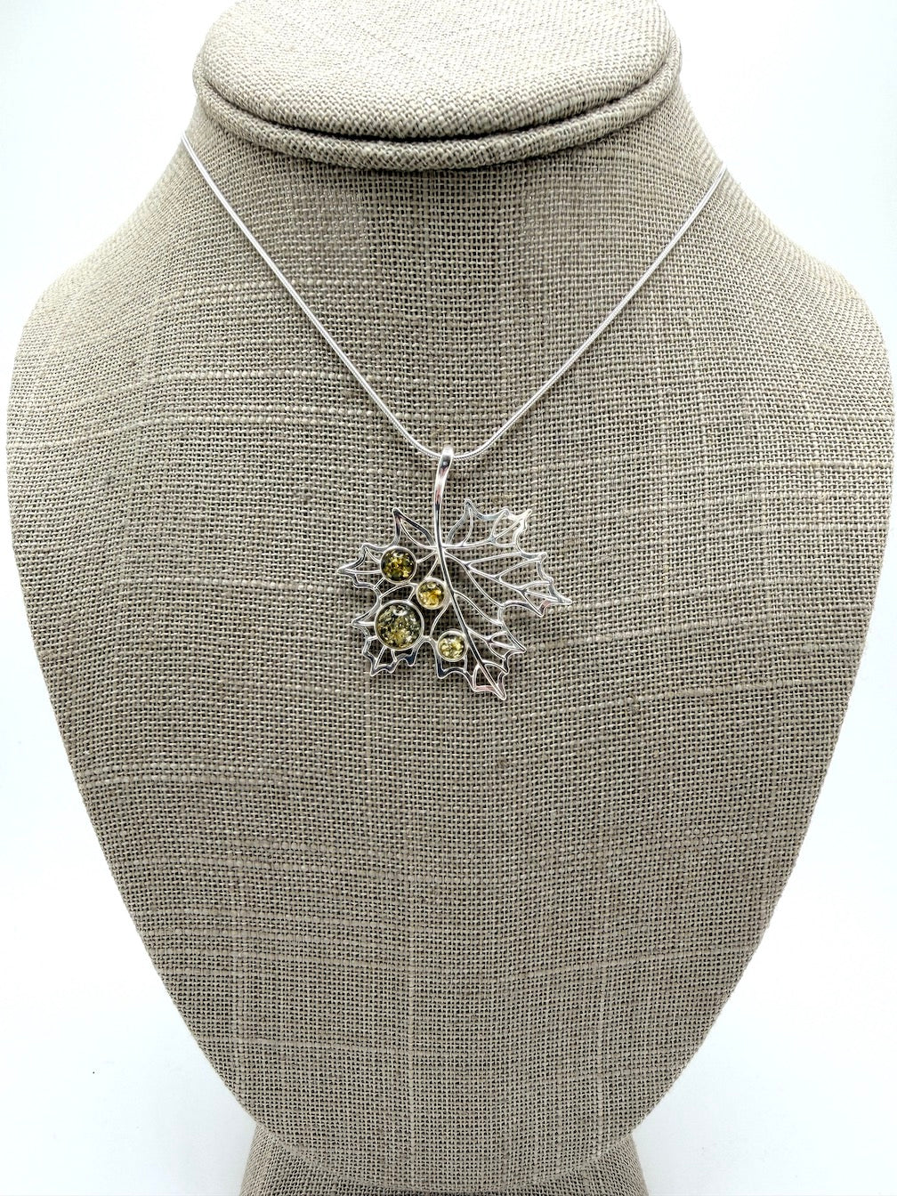 Genuine Baltic Amber Maple Leaf Pendant in 925 Sterling Silver w/ Silver Chain