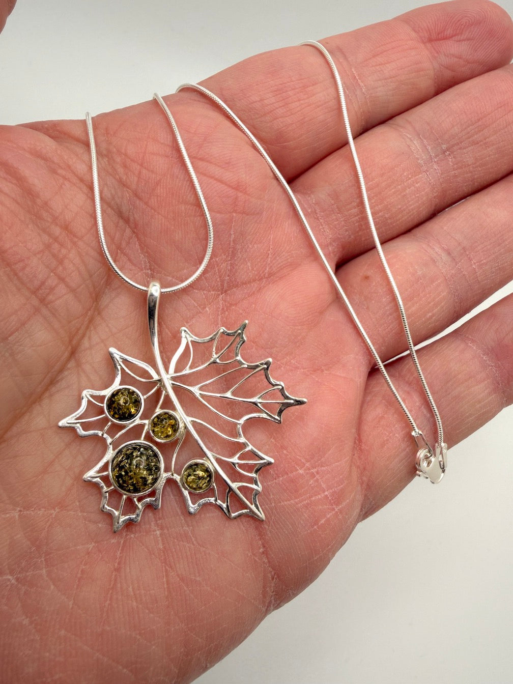 Genuine Baltic Amber Maple Leaf Pendant in 925 Sterling Silver w/ Silver Chain