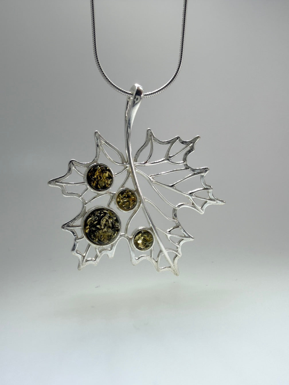 Genuine Baltic Amber Maple Leaf Pendant in 925 Sterling Silver w/ Silver Chain
