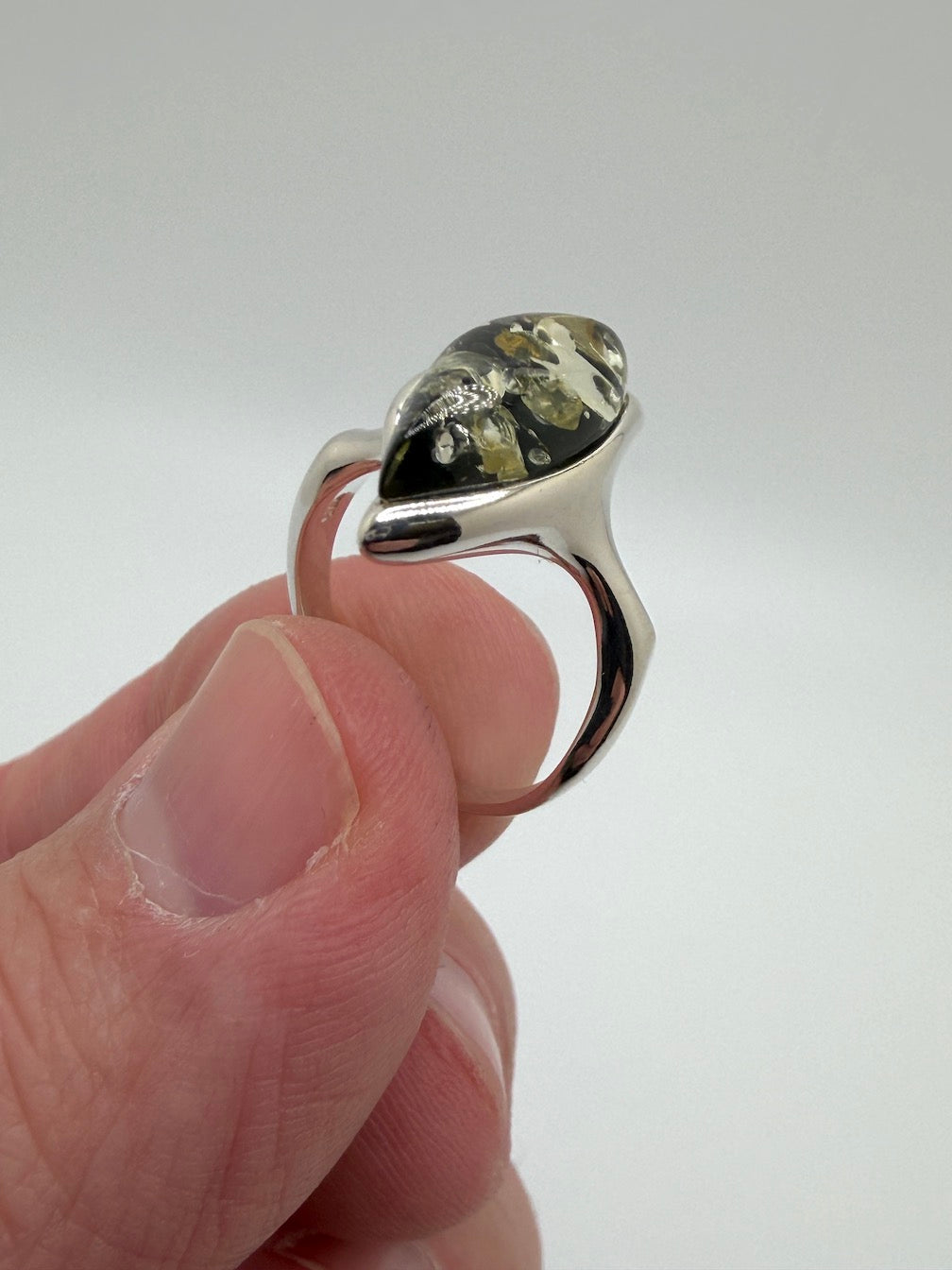 Genuine Baltic Amber Marquise Green Amber Ring in Sterling Silver