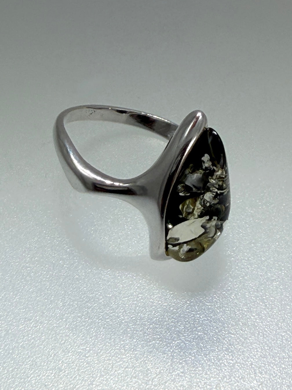 Genuine Baltic Amber Marquise Green Amber Ring in Sterling Silver