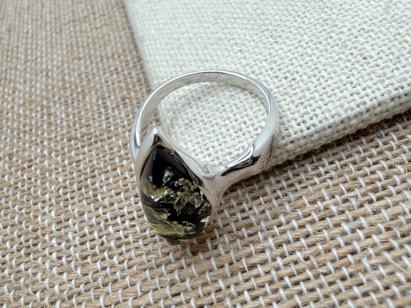 Genuine Baltic Amber Marquise Green Amber Ring in Sterling Silver