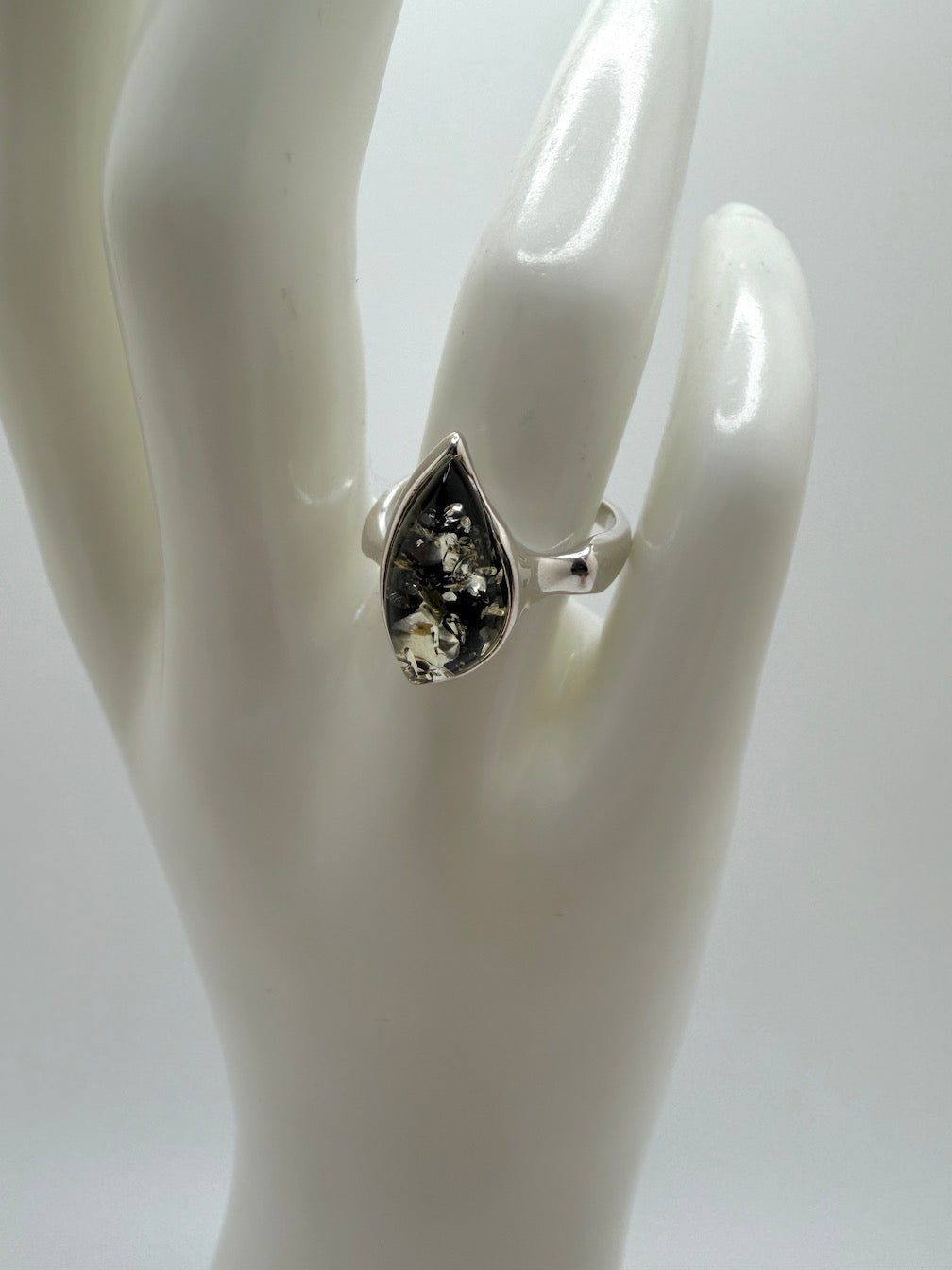 Genuine Baltic Amber Marquise Green Amber Ring in Sterling Silver