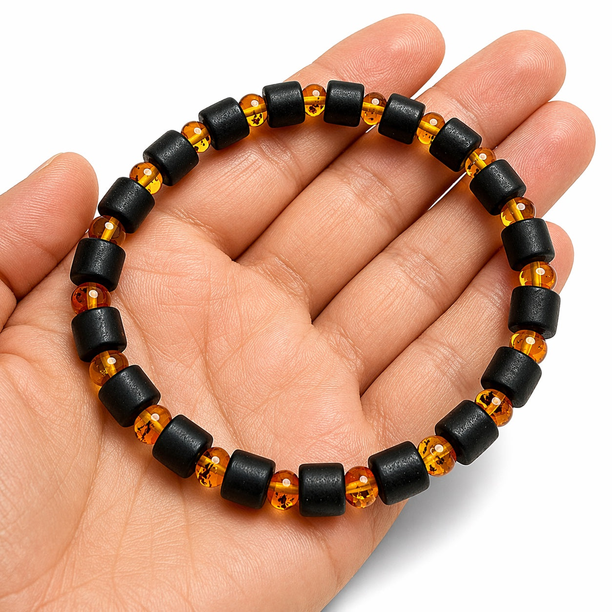 Genuine Baltic Amber Men’s Bracelet, Matte Black Amber Stretch Bracelet, Lemon or Cognac Beads