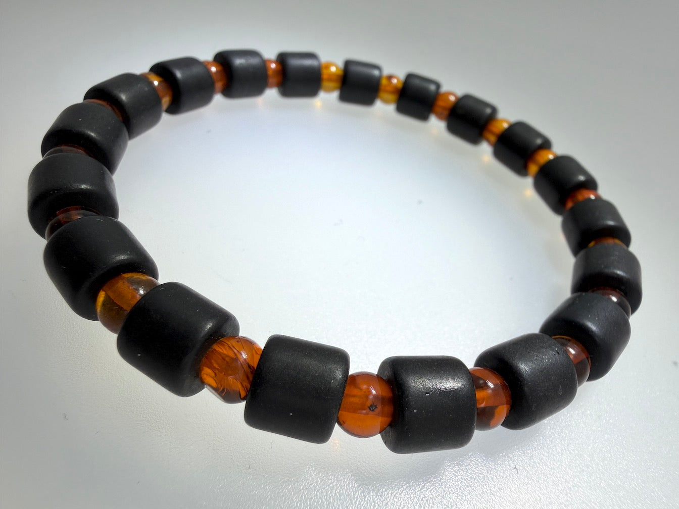 Genuine Baltic Amber Men’s Bracelet, Matte Black Amber Stretch Bracelet, Lemon or Cognac Beads