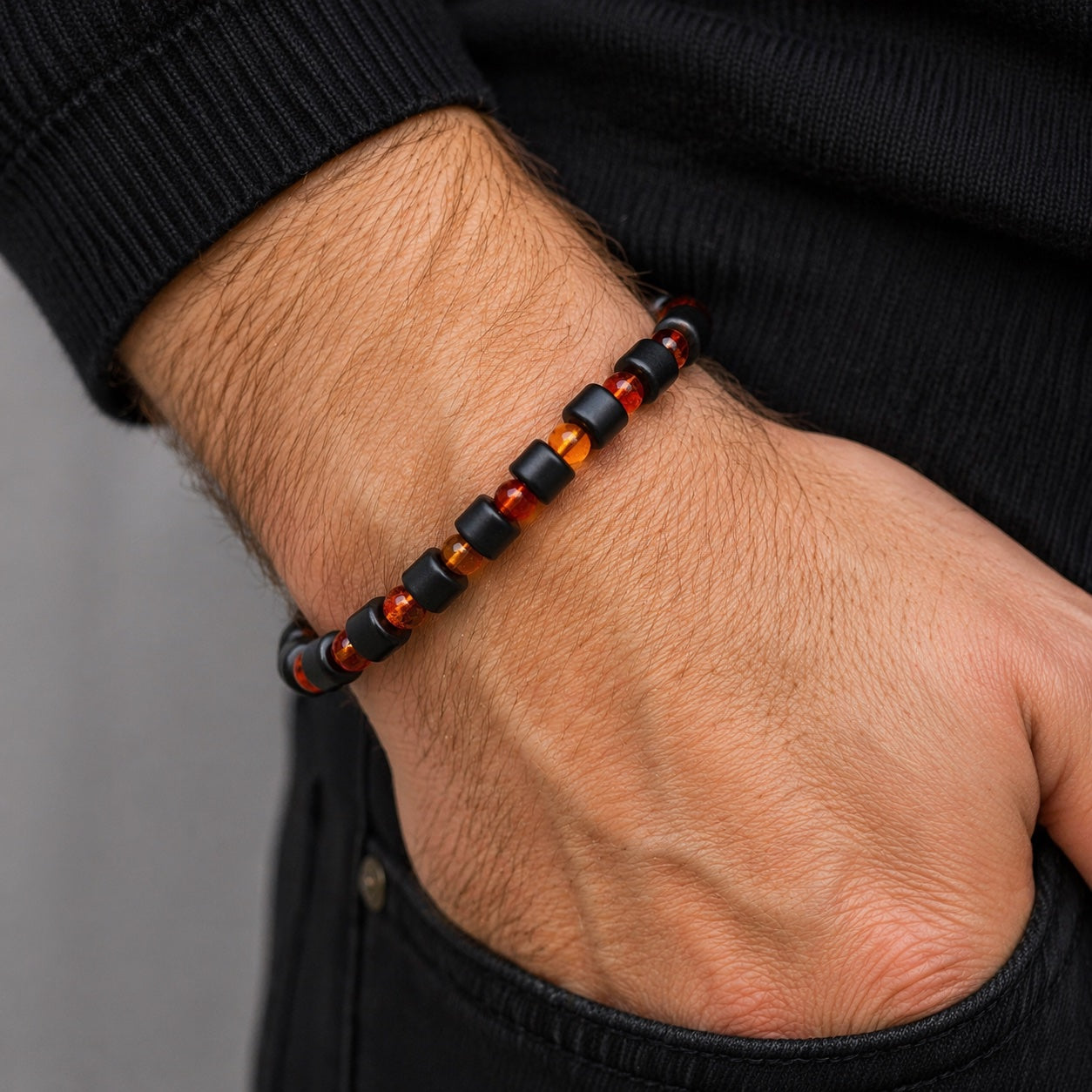 Genuine Baltic Amber Men’s Bracelet, Matte Black Amber Stretch Bracelet, Lemon or Cognac Beads