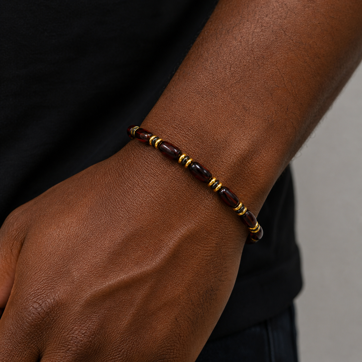 Genuine Baltic Amber Men’s Stretch Bracelet – Smooth Cherry Amber, Two Spacer Options