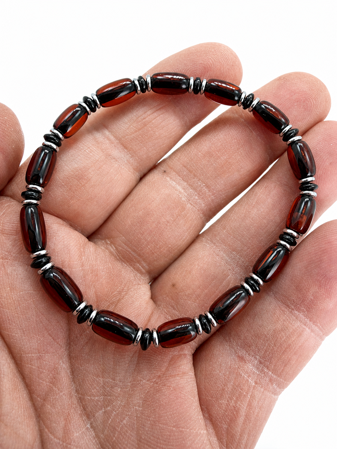 Genuine Baltic Amber Men’s Stretch Bracelet – Smooth Cherry Amber, Two Spacer Options