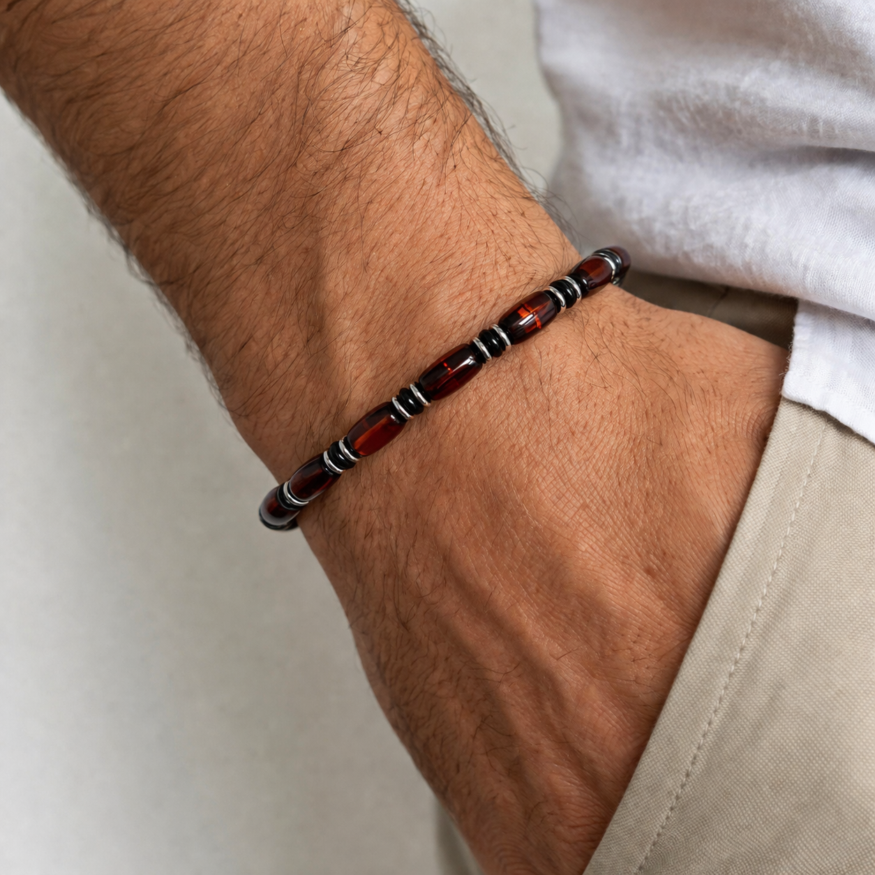 Genuine Baltic Amber Men’s Stretch Bracelet – Smooth Cherry Amber, Two Spacer Options