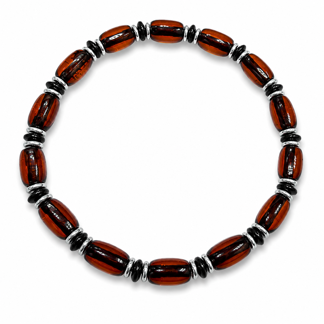 Genuine Baltic Amber Men’s Stretch Bracelet – Smooth Cherry Amber, Two Spacer Options