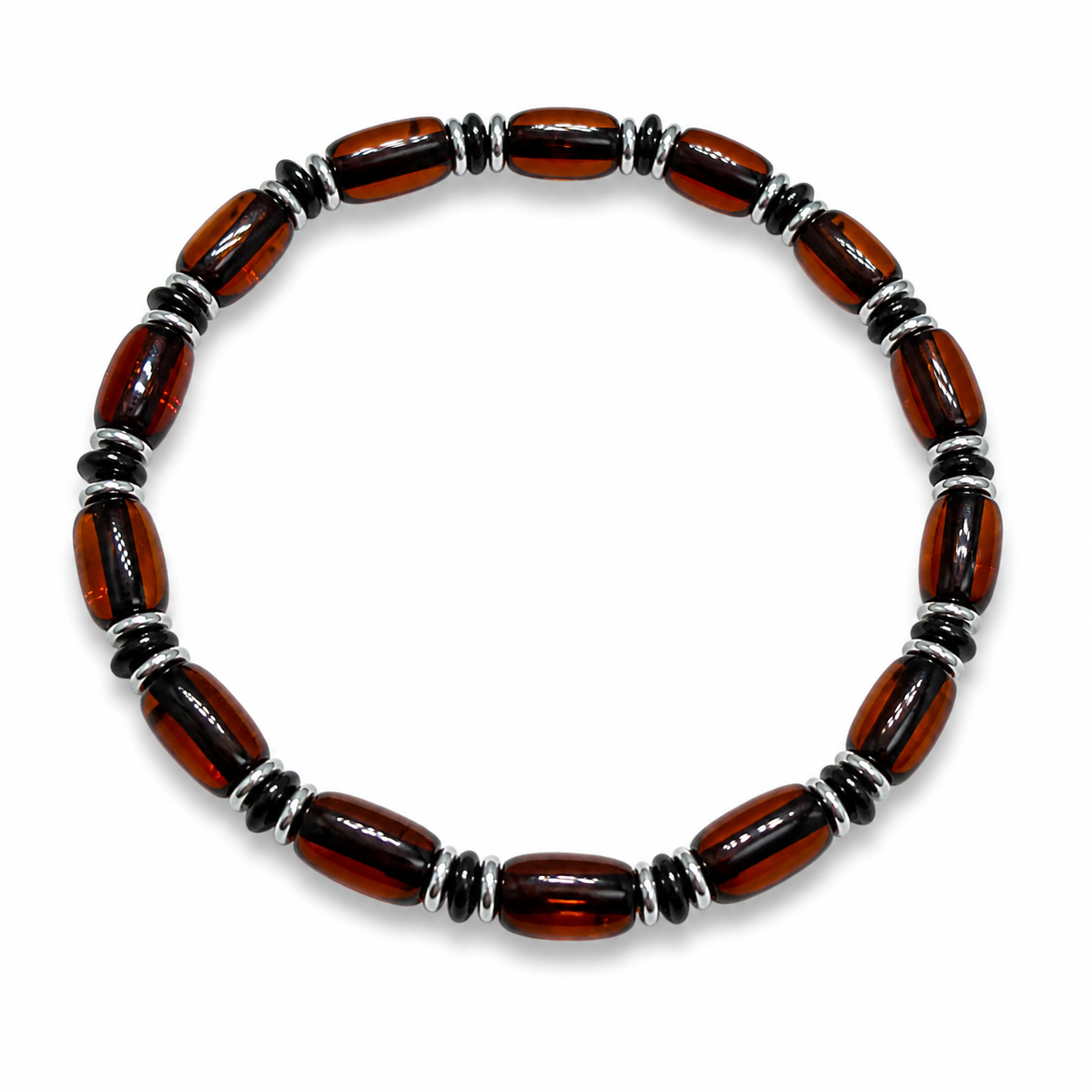 Genuine Baltic Amber Men’s Stretch Bracelet – Smooth Cherry Amber, Two Spacer Options