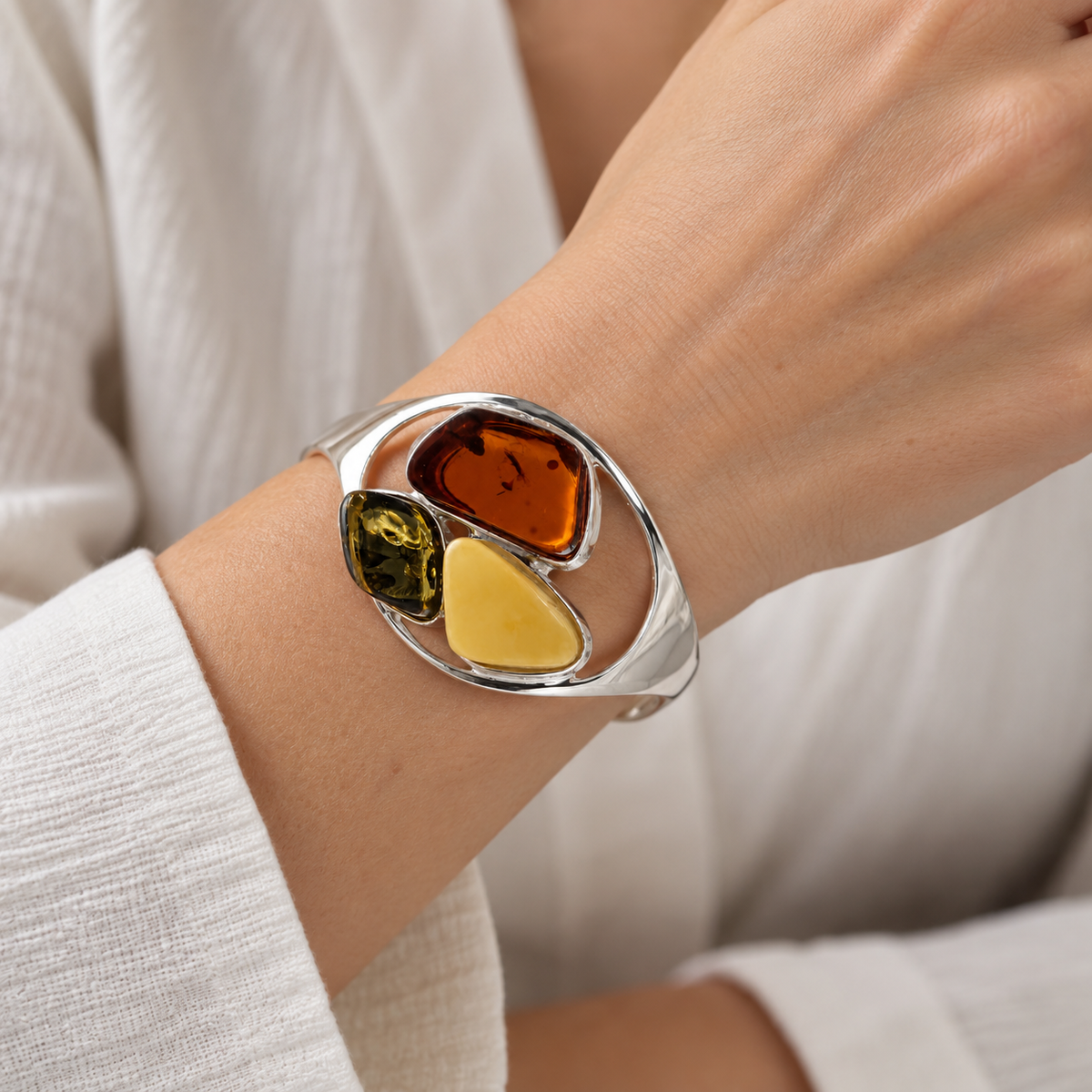 Genuine Baltic Amber Multi-Stone Sterling Silver Cuff Bracelet 