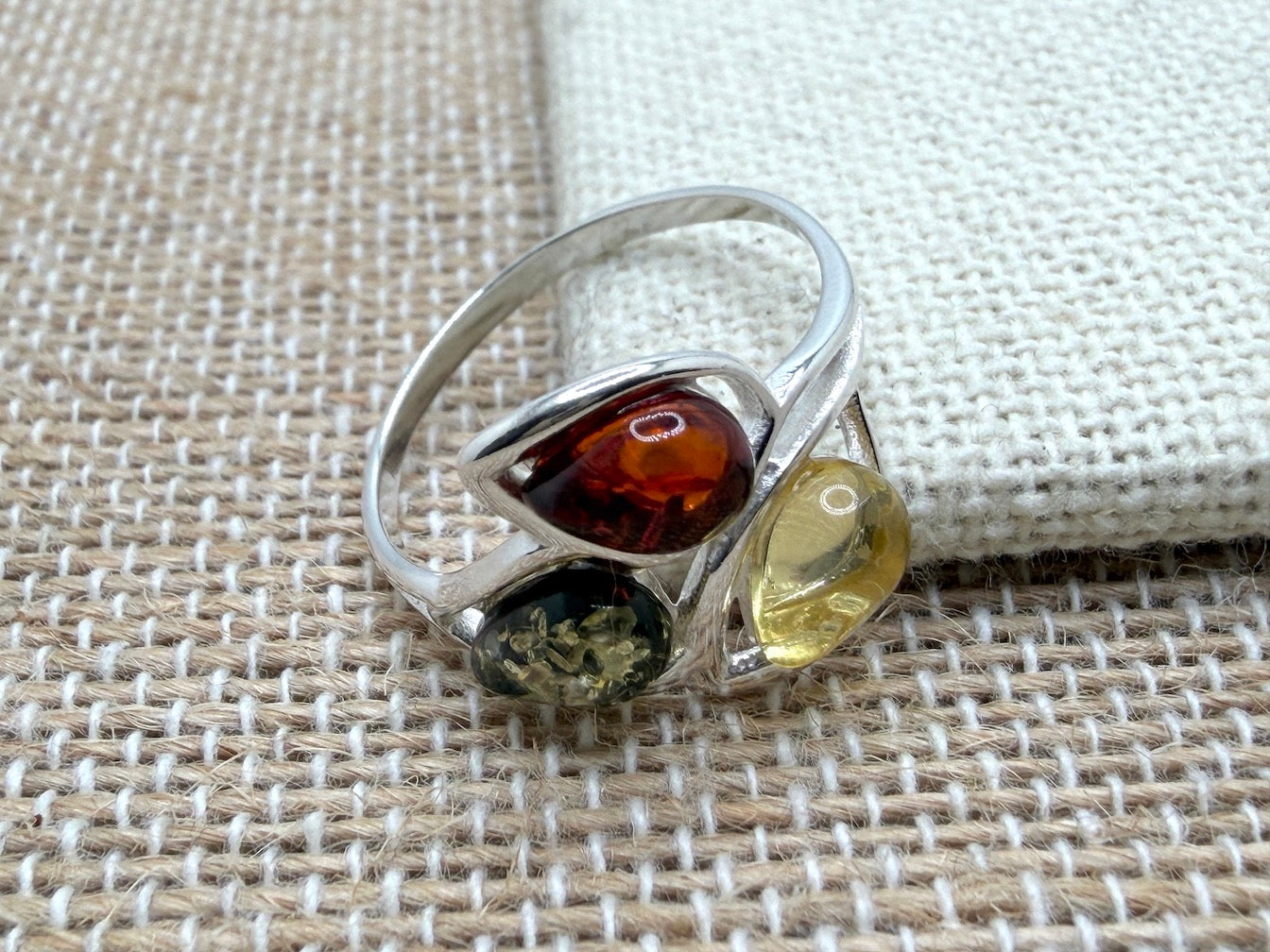 Genuine Baltic Amber Multi Stone Sterling Silver Ring