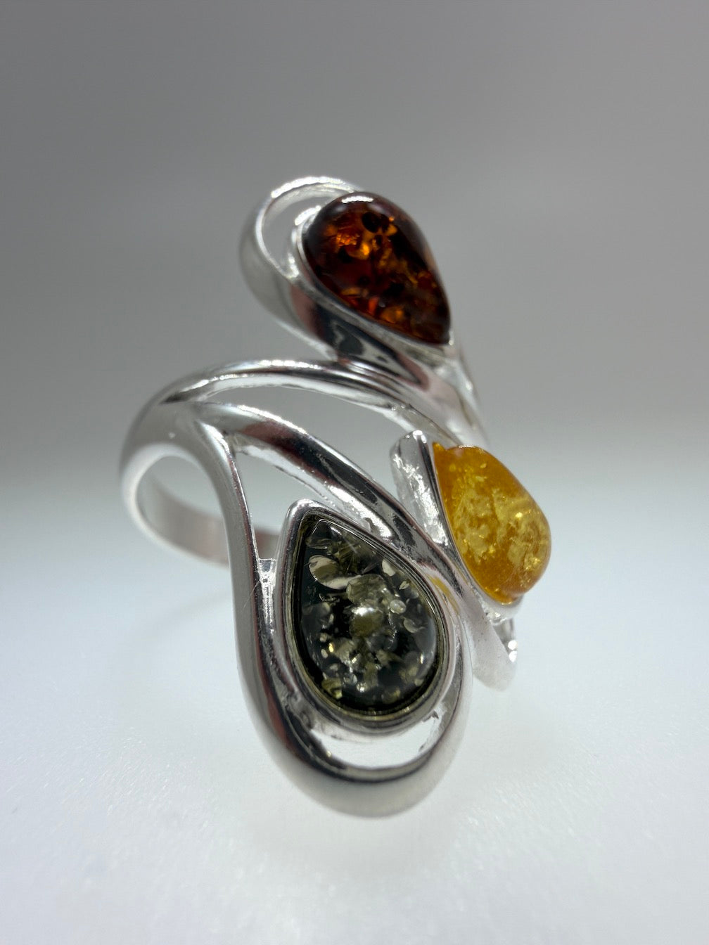 Genuine Baltic Amber Multistone Comfort Fit Design Ring in Sterling Silver