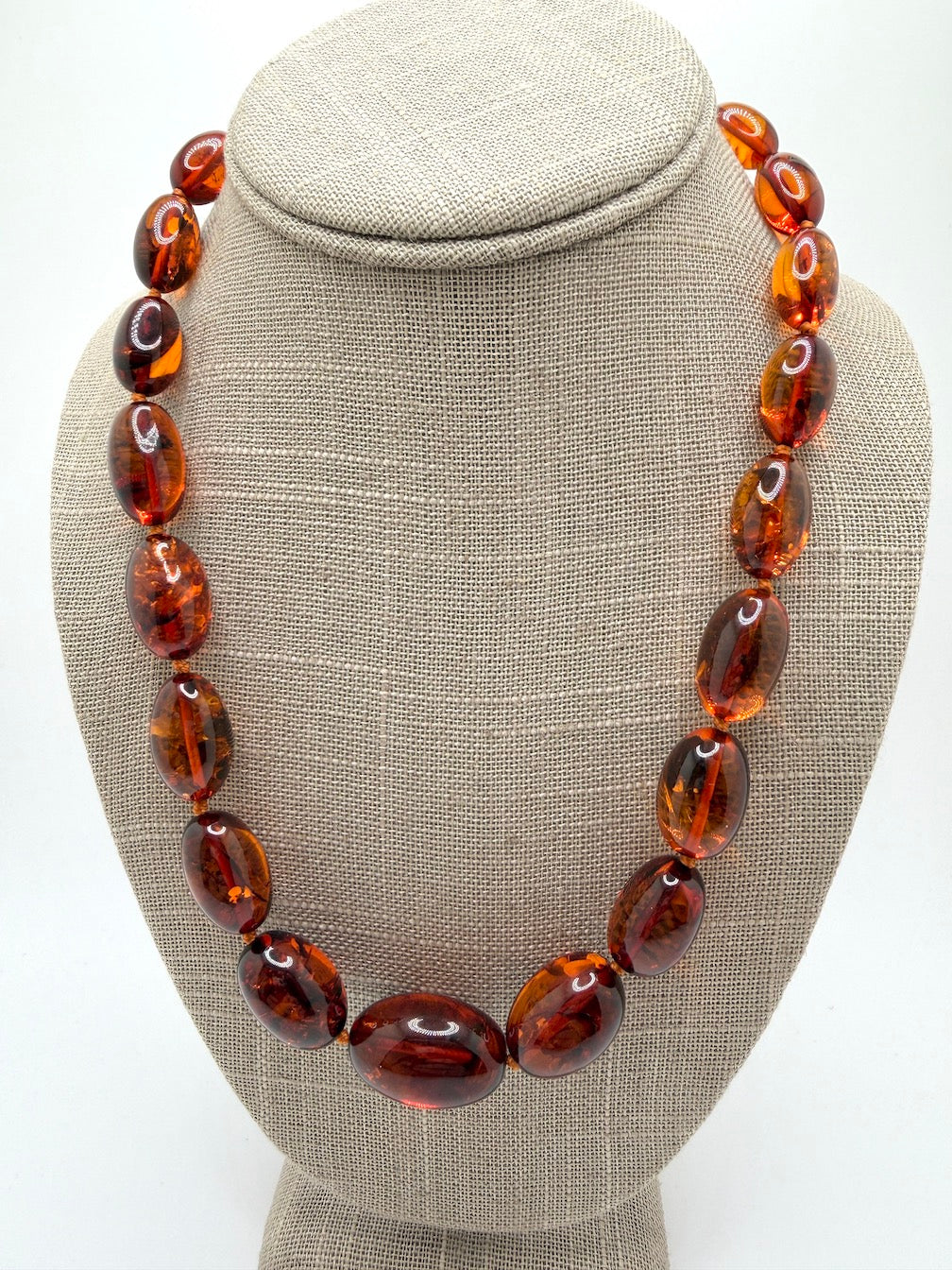 Genuine Baltic Amber Necklace • Cognac Oval Beads • Graduated Strand • Handmade • Secure Screw Clasp